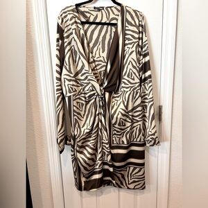Fashion Nova Cream and Brown Plunge Long Sleeve Dress